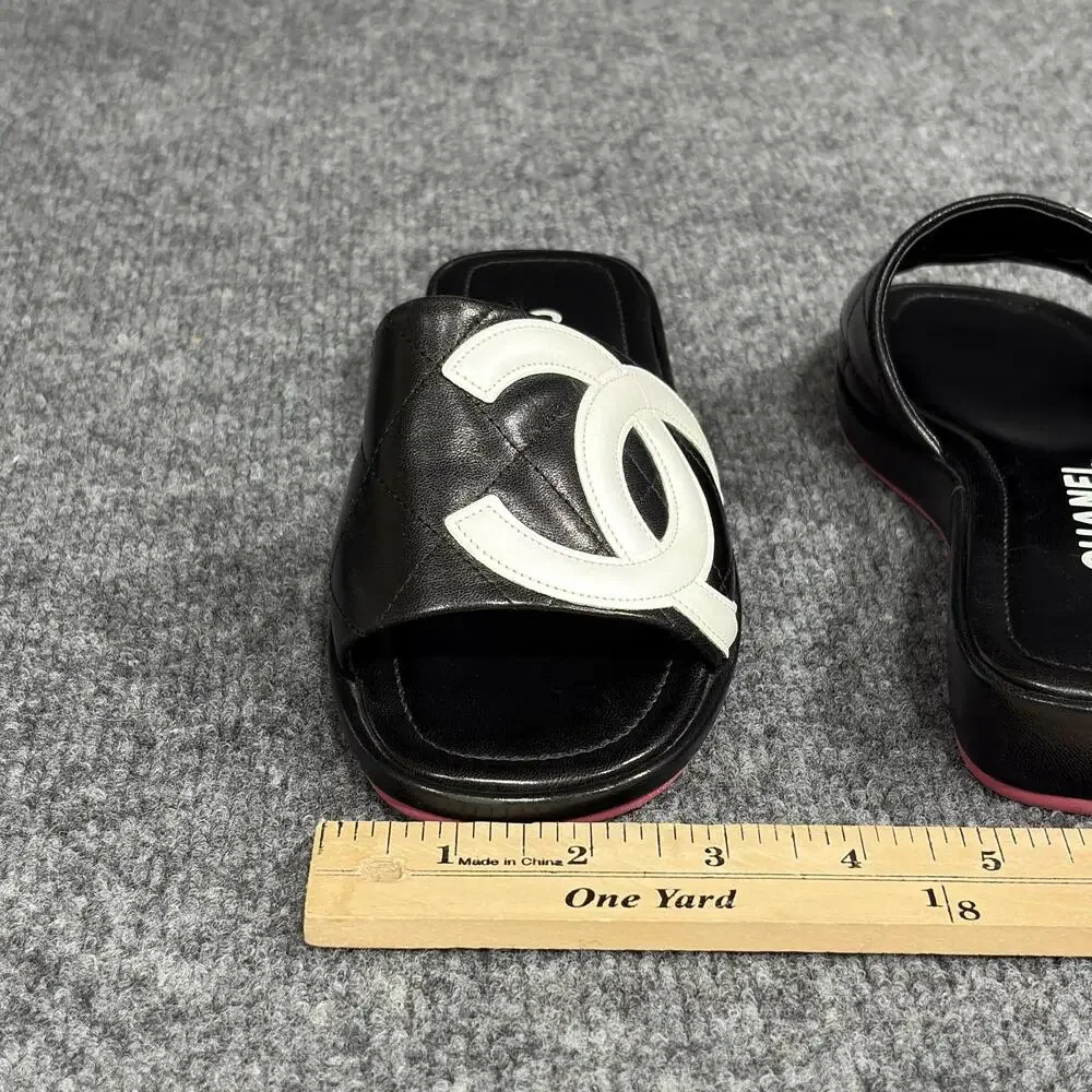 Chanel Cambon Slide Sandals Womens 5.5 Black Leather Quilted Logo Flat Shoe Pink